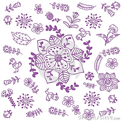 Purple flowers doodle art Vector Illustration