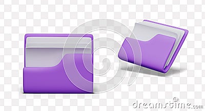 Purple folder with white sheets, front and side view. Color realistic folder with files Vector Illustration