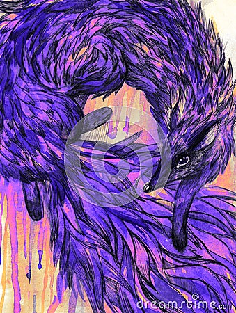 Purple fox on the grunge background. Watercolor. Stock Photo