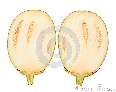 Purple fresh organic half of eggplant isolated on white background Stock Photo