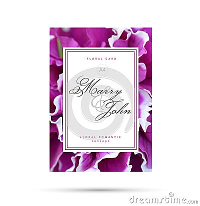 Purple fuchsia floral card for wedding invitation. Floral Romantic Flower background concept for your flyer design. Stock Photo