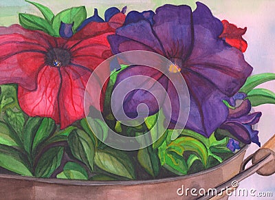 Purple garden Flowers flora watercolor green handwork Summer Stock Photo