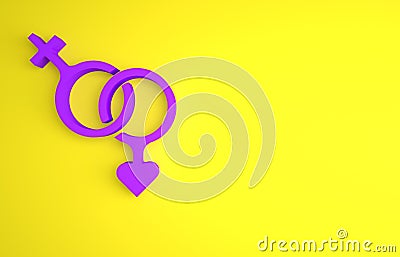 Purple Gender icon isolated on yellow background. Symbols of men and women. Sex symbol. Happy Valentines day. Minimalism Cartoon Illustration