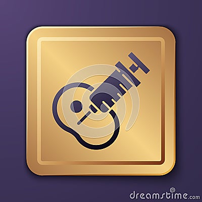 Purple Genetically modified meat icon isolated on purple background. Syringe being injected to meat. Gold square button Vector Illustration