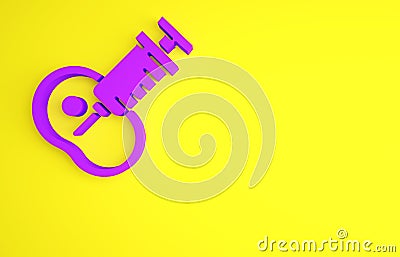 Purple Genetically modified meat icon isolated on yellow background. Syringe being injected to meat. Minimalism concept Cartoon Illustration