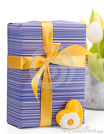 Purple gift box with yellow heart Stock Photo