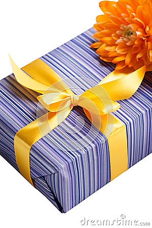 Purple gift box with yellow ribbon Stock Photo