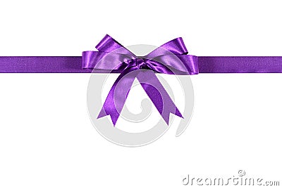 Purple gift ribbon bow straight horizontal isolated on white background Stock Photo