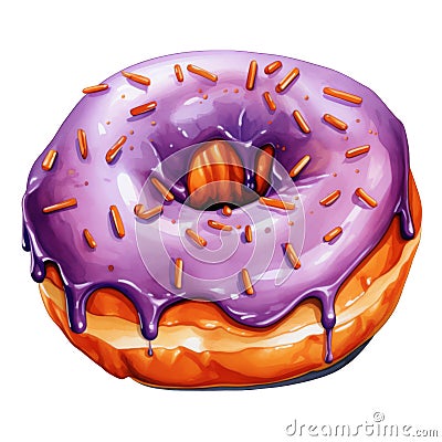 A Purple Glazed Donut with Orange Sprinkles Stock Photo