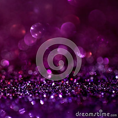 Purple glitter magic background. Defocused light and free focused place for your design. Stock Photo