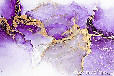 Purple gold abstract background of marble liquid ink art painting on paper . Stock Photo