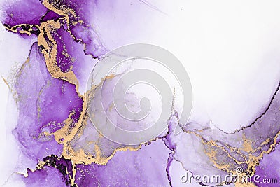 Purple gold abstract background of marble liquid ink art painting on paper . Stock Photo