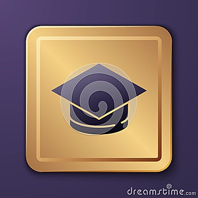 Purple Graduation cap icon isolated on purple background. Graduation hat with tassel icon. Gold square button. Vector Vector Illustration