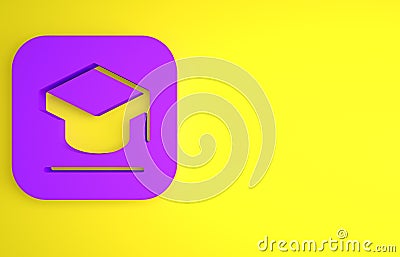 Purple Graduation cap icon isolated on yellow background. Graduation hat with tassel icon. Minimalism concept. 3D render Cartoon Illustration