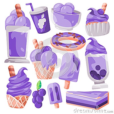 Purple grape taro sweets cake ice cream and beverages cartoon illustration set collection Vector Illustration