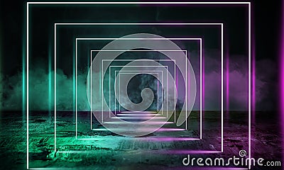 Neoned lines futuristic aesthetics. Glowing neon futuristic style on smoked dark background. Wallpaper, background. Stock Photo