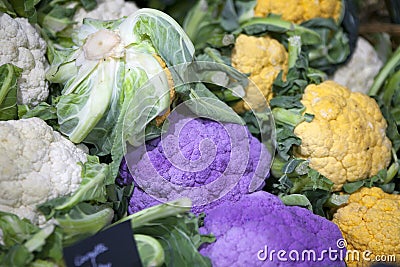 The Purple, Green, Orange Cauliflower at the farmers market Stock Photo