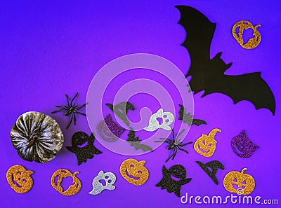 Purple Halloween background with decorative ghosts, pumpkins, spiders, bats. Happy Halloween Stock Photo