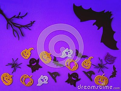 Purple Halloween background with decorative ghosts, pumpkins, spiders, bats. Happy Halloween Stock Photo