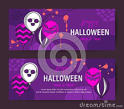 Purple Halloween holiday banner design with spooky face balloon Vector Illustration