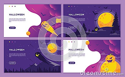 Purple halloween night scene with pumpkin and moon. landing page website design template, background and banner. Vector Illustration