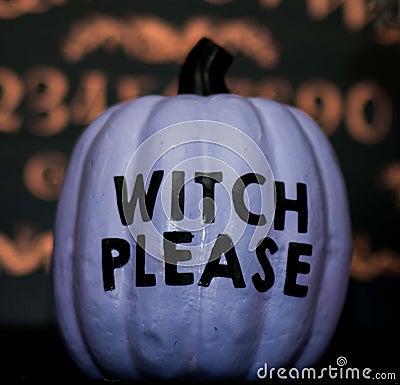 A Purple Halloween Pumpkin Saying Witch Please Stock Photo