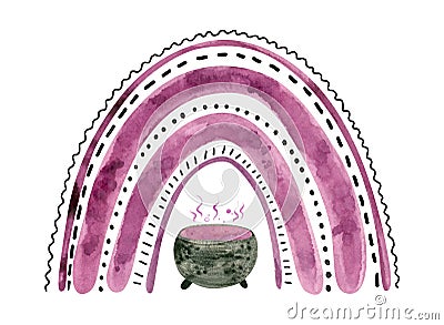 Purple Halloween rainbow with the witch cauldron. Cartoon Illustration