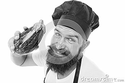 Purple is the happiest color. Bearded man hold eggplant vegetable. Cook with healthy vegetable or fruit. Prepare Stock Photo