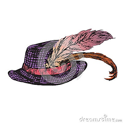 Purple hat with pink ribbon and fancy feathers, hand drawn doodle, sketch in woodcut style Cartoon Illustration