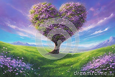 Tree of love and Valentine's day on a field in spring at sunset.. Stock Photo