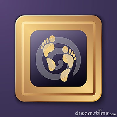 Purple Human footprint icon isolated on purple background. Trace of human foot. Gold square button. Vector Vector Illustration