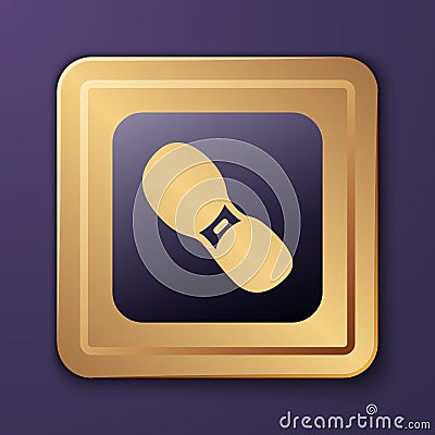 Purple Human footprints shoes icon isolated on purple background. Shoes sole. Gold square button. Vector Vector Illustration