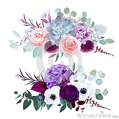 Purple hydrangea, carnation, bell flower, pink rose, anthurium, Vector Illustration