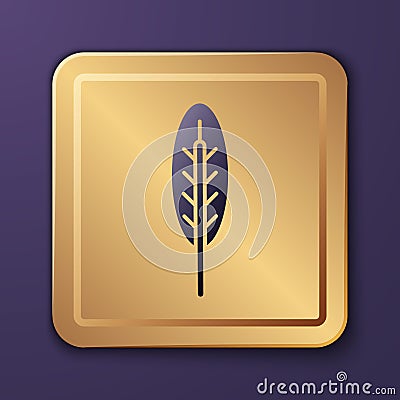 Purple Indian feather icon isolated on purple background. Native american ethnic symbol feather. Gold square button Vector Illustration