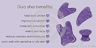 Purple infographic banner with gua sha facial massage exercise. Guasha amethyst for skin care wellbeing. Vector Illustration