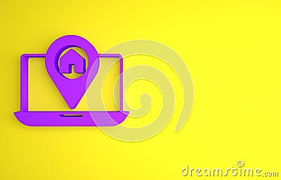 Purple Infographic of city map navigation icon isolated on yellow background. Laptop App Interface concept design Cartoon Illustration