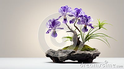 Purple Iris Bonsai Tree: Minimalist Confucian Ideology In Natural Planter Stock Photo