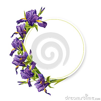 Purple iris. Round shape template with leaves and petals. Watercolor illustration isolated on white background. Cartoon Illustration