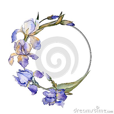 Purple iris floral botanical flower. Watercolor background illustration set. Frame border ornament square. Cartoon Illustration