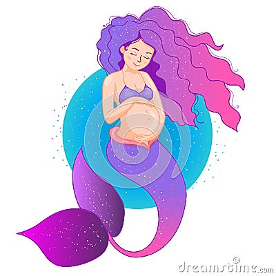 Pregnant purple mermaid on blue background Vector Illustration