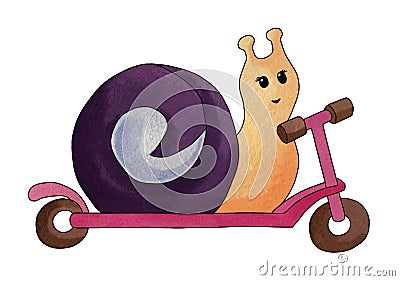 The purple joyful snail is riding a pink scooter Cartoon Illustration