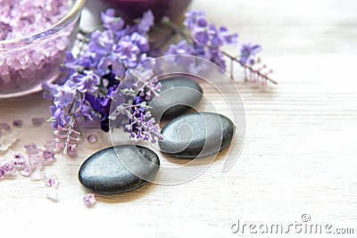 Purple Lavender aromatherapy Spa with salt and treatment for body. Thai Spa relax massage. Stock Photo