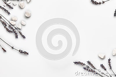 Purple lavender flowers and small sea stones isolated on white background. Close up, copy space for your text or images Stock Photo