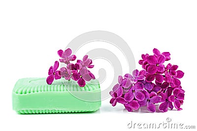 Purple lilac flowers, aromatic soap isolated on white Stock Photo