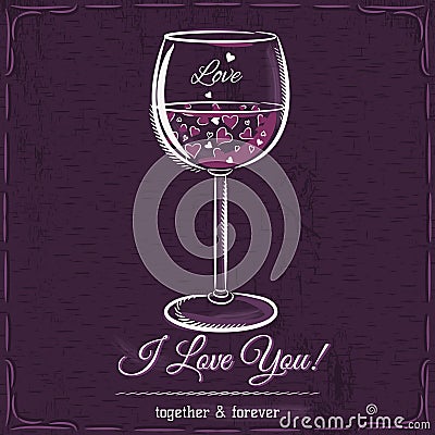 Purple love card with a glass of wine filled with hearts Vector Illustration