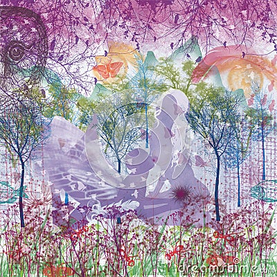 Purple love graphic digital painting woman and a man Stock Photo