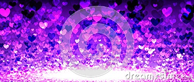 Purple magic background with glittering heart shapes. Happy Valentine's day header or banner or letter template Vector Illustration