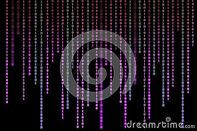 Purple matrix background of binary numbers. Matrix of computer data. Vertical digital binary code moves down Stock Photo