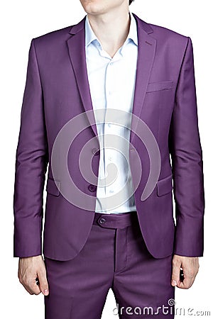 Purple mens wedding costume, blazer and trousers, isolated on wh Stock Photo