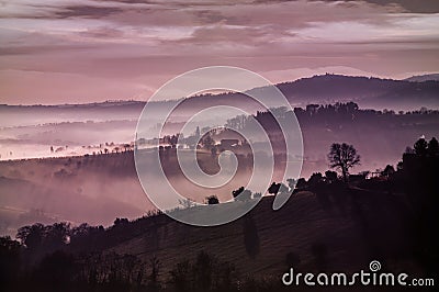 Purple misty hills Stock Photo